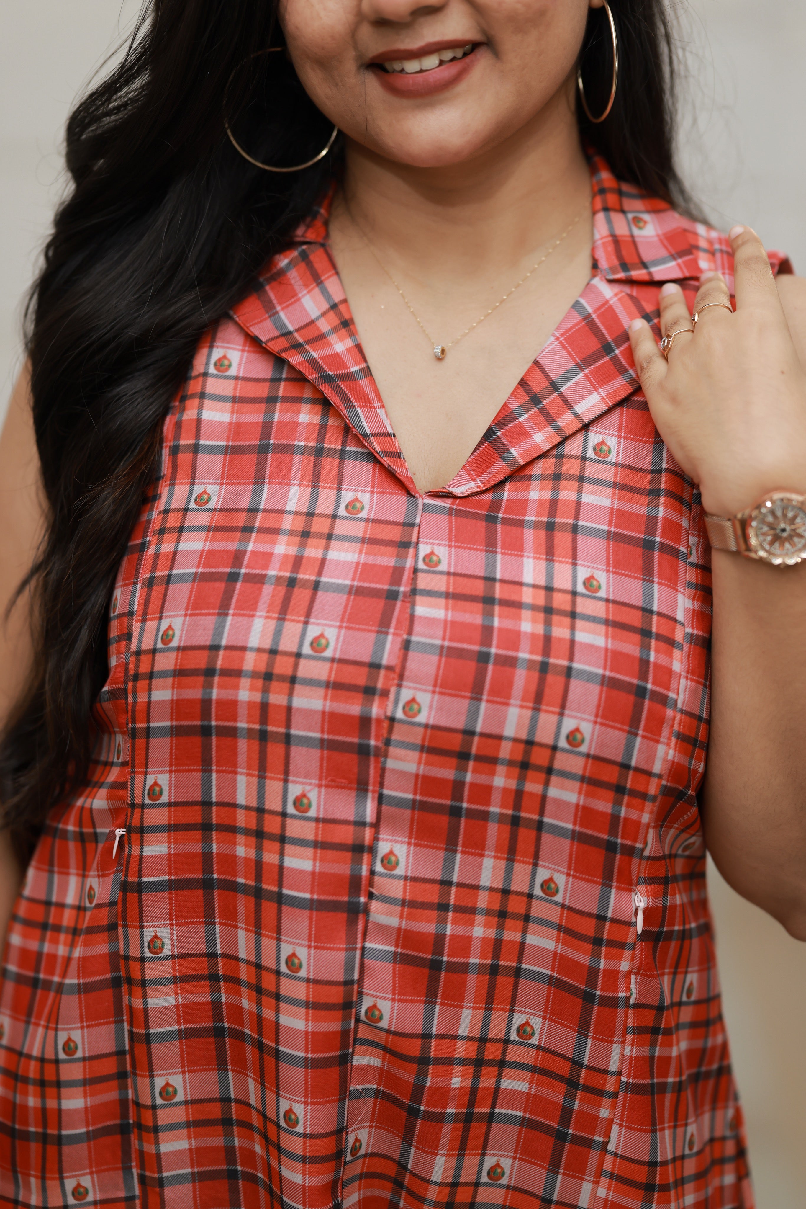 TWF1003 - Red Checks Maternity & Nursing Shirt Dress