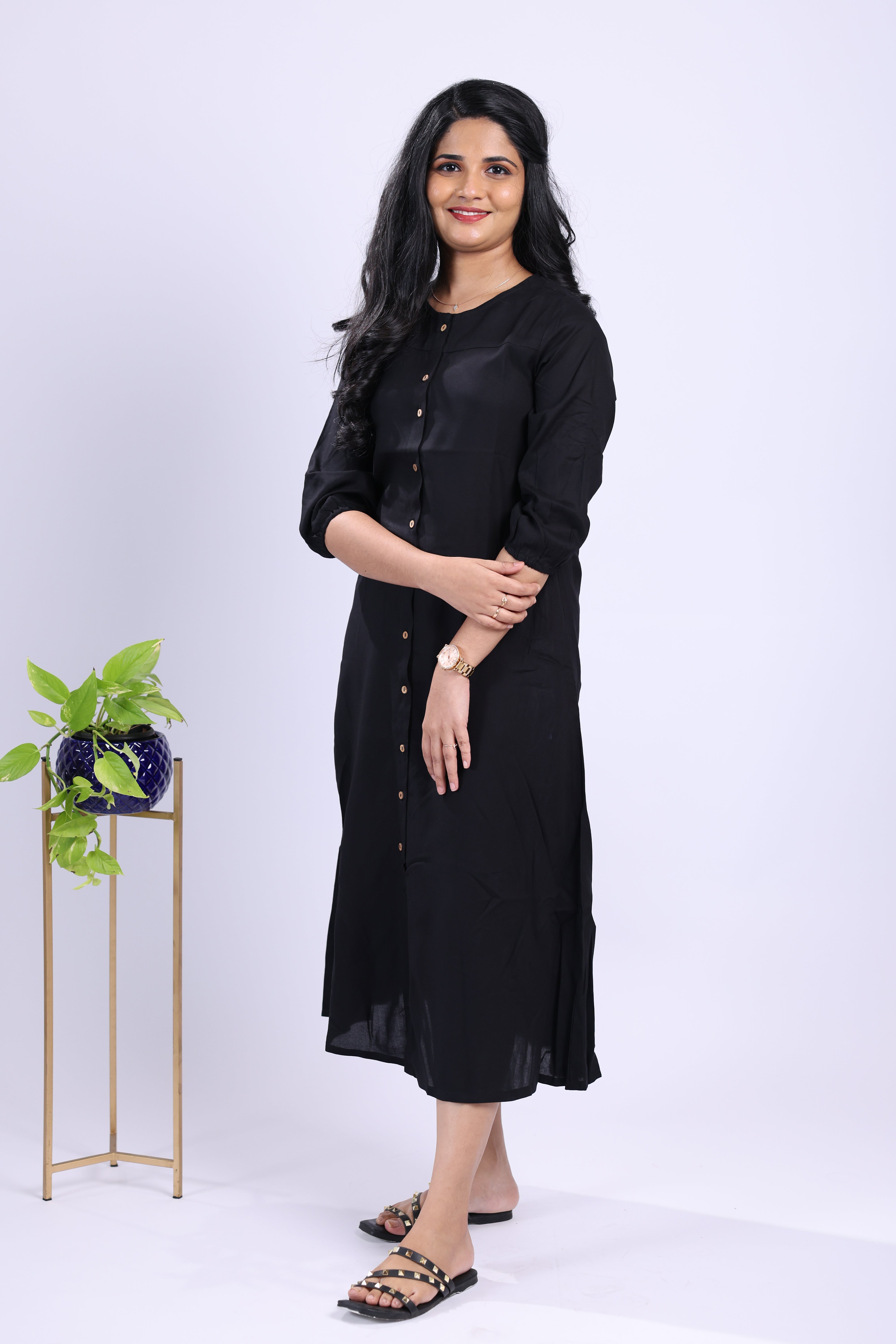 TWD110 - Classic Black Button-Down Cotton Dress