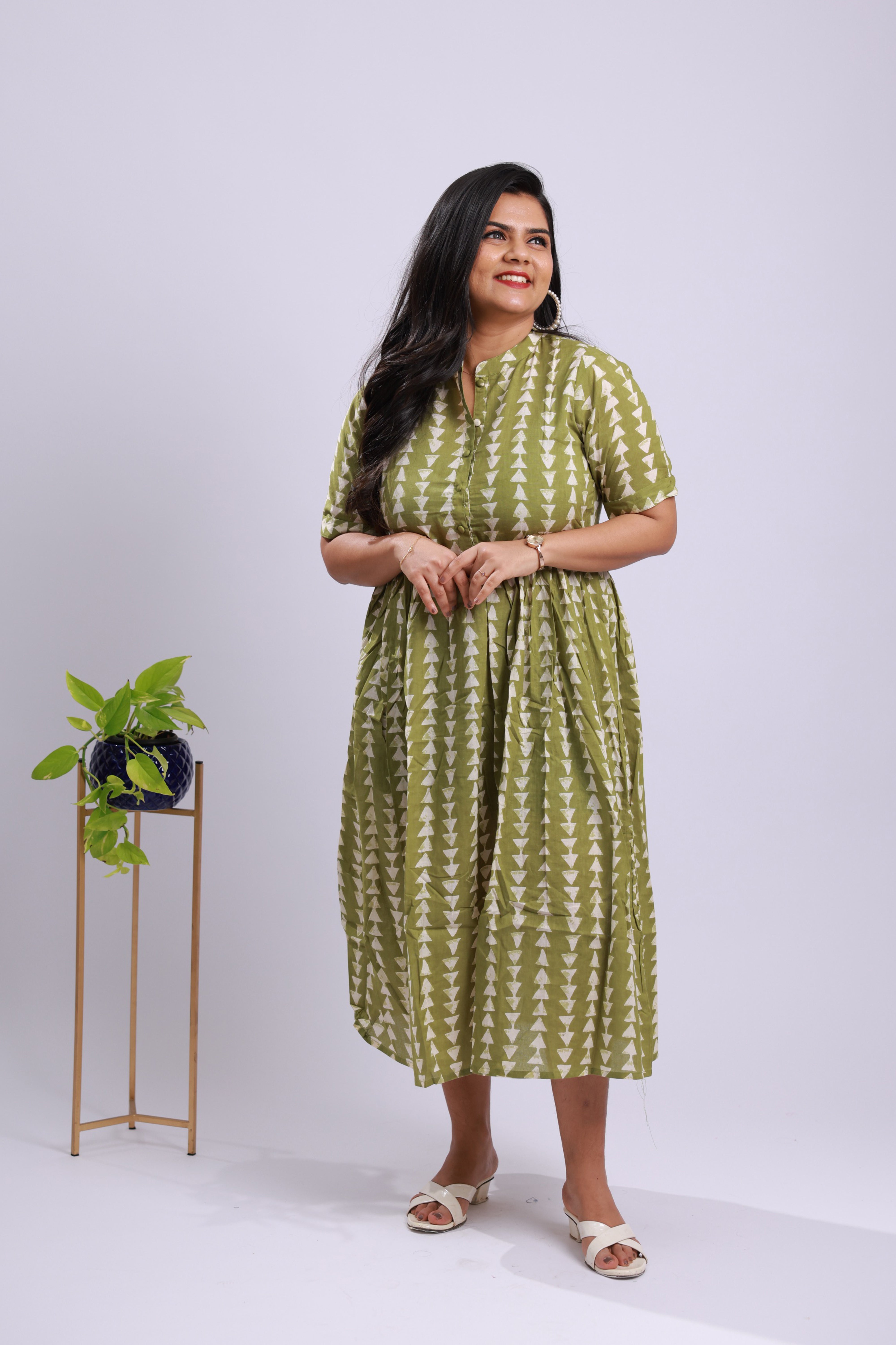TWM013 - Olive Green Printed Cotton Maternity Dress