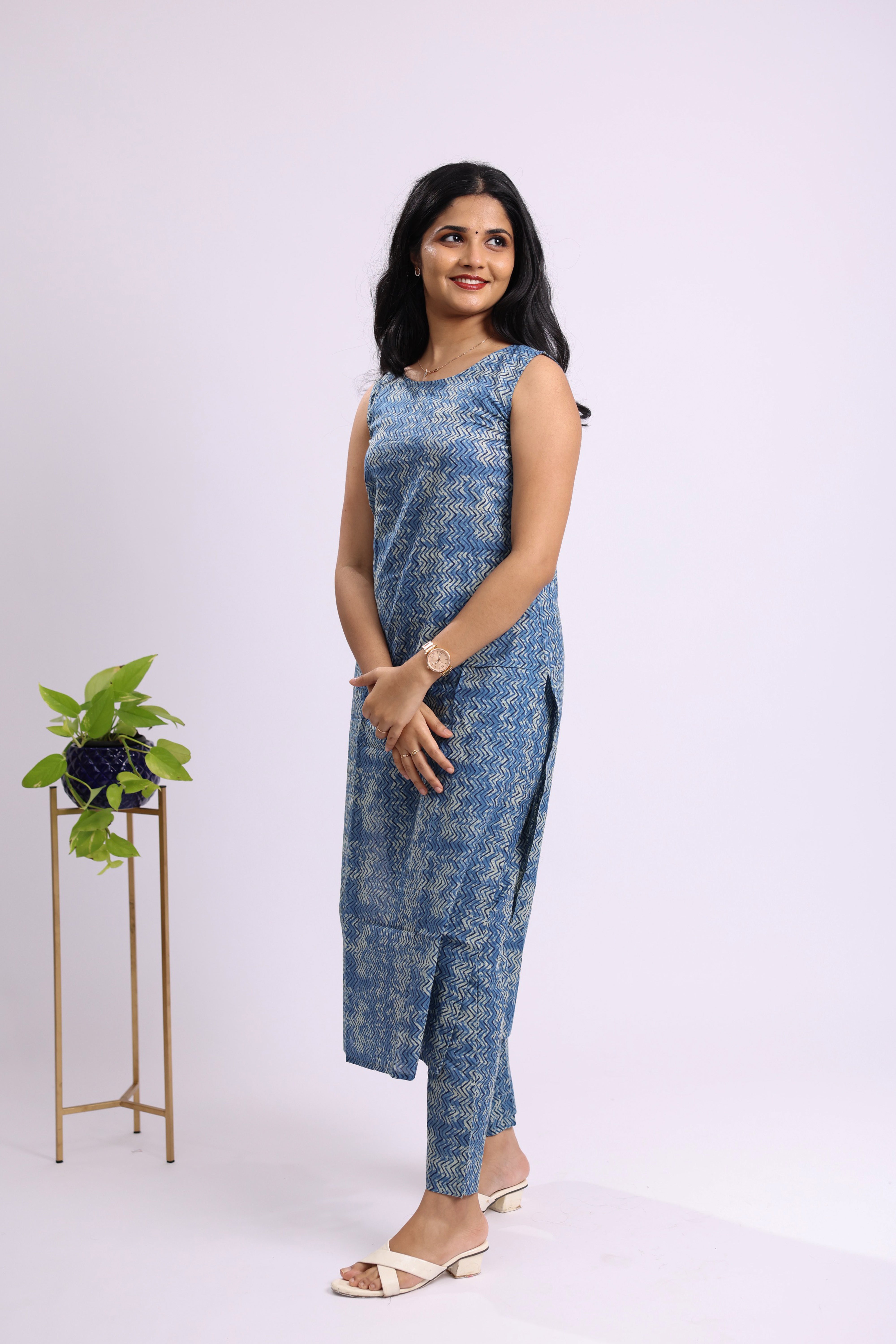TWKS106 - Indigo Zigzag Printed Cotton Kurta Set