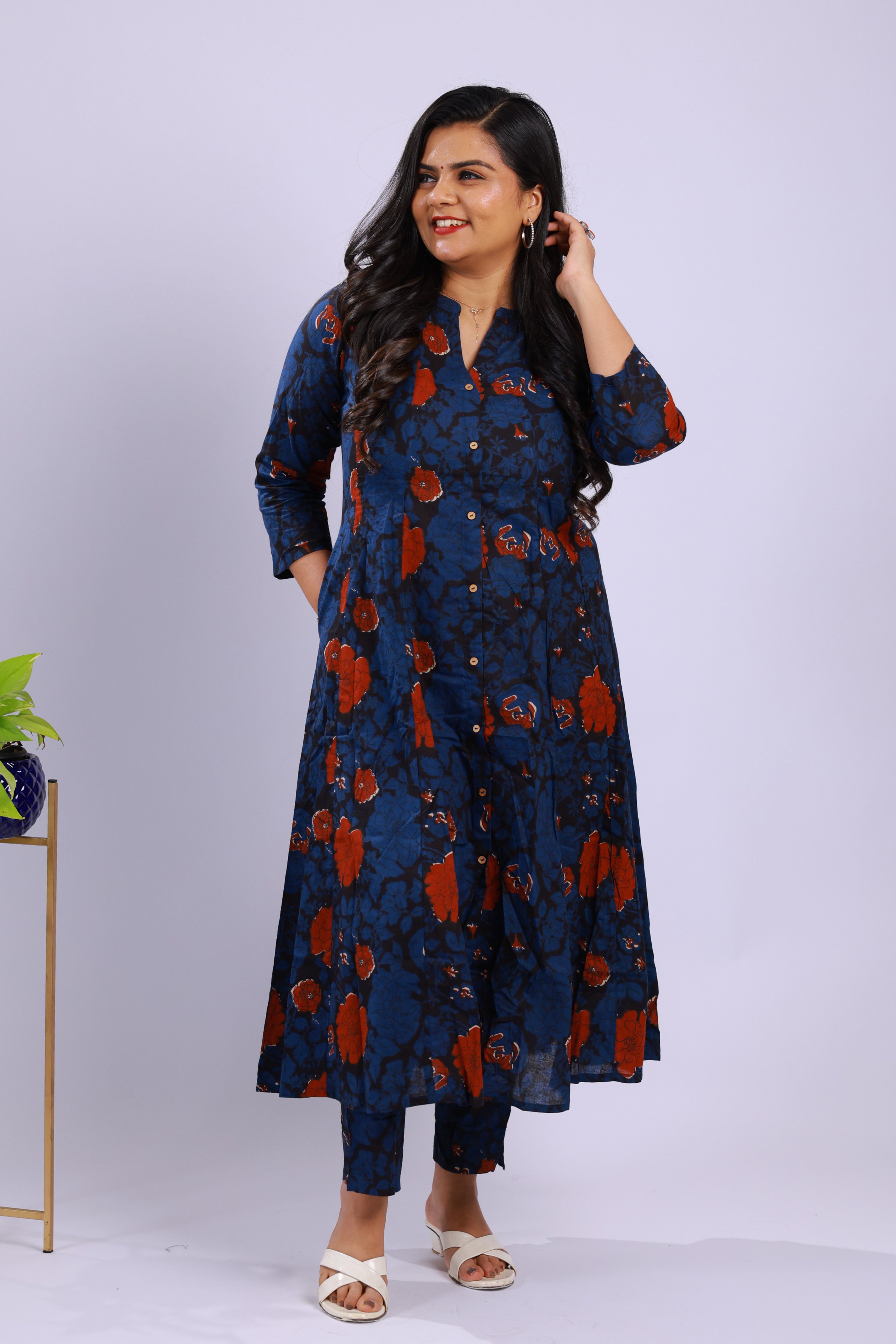 TWKS103 - Indigo Red Floral Cotton Kurta Set