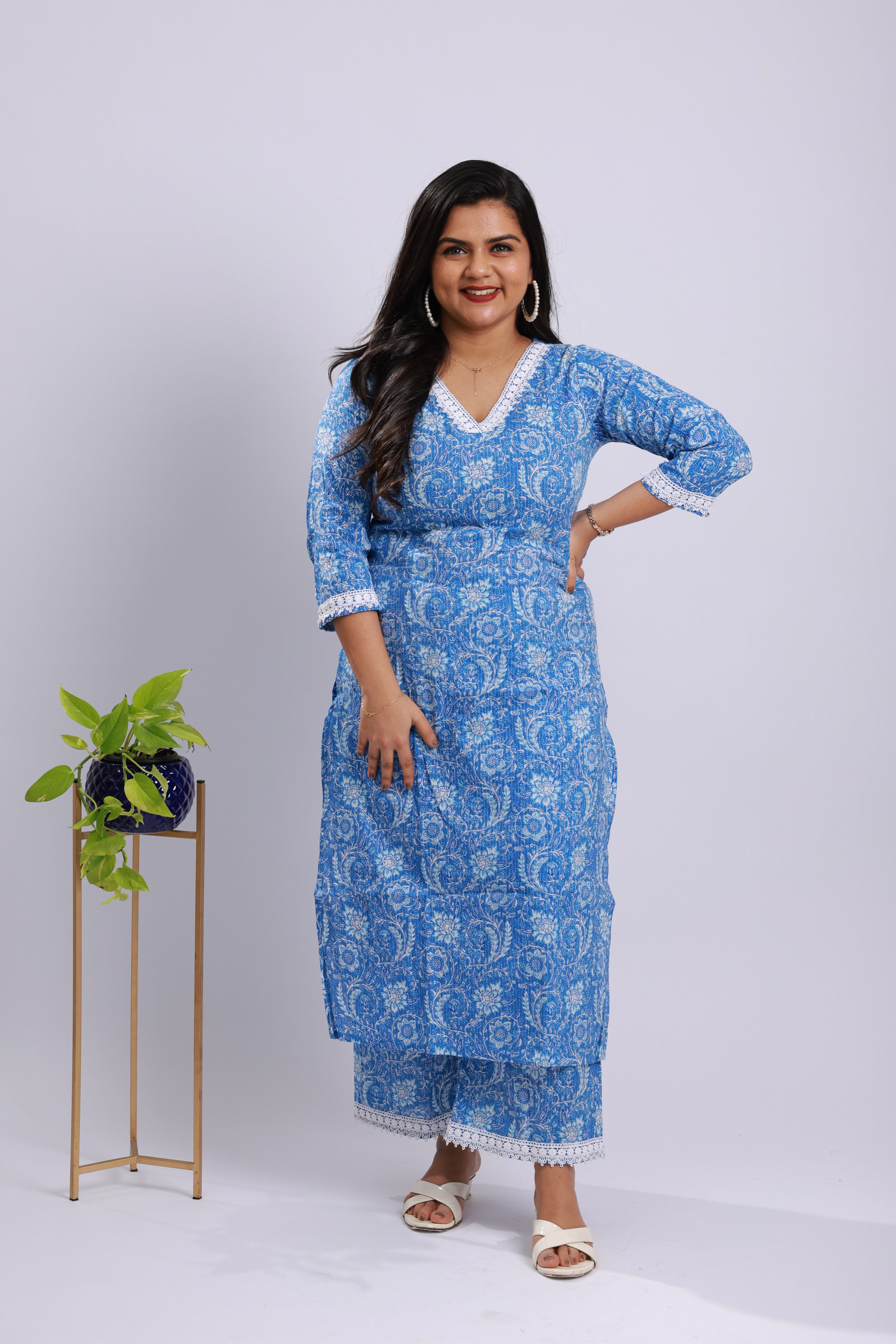 TWKS109 - Blue Floral Cotton Kurta Set