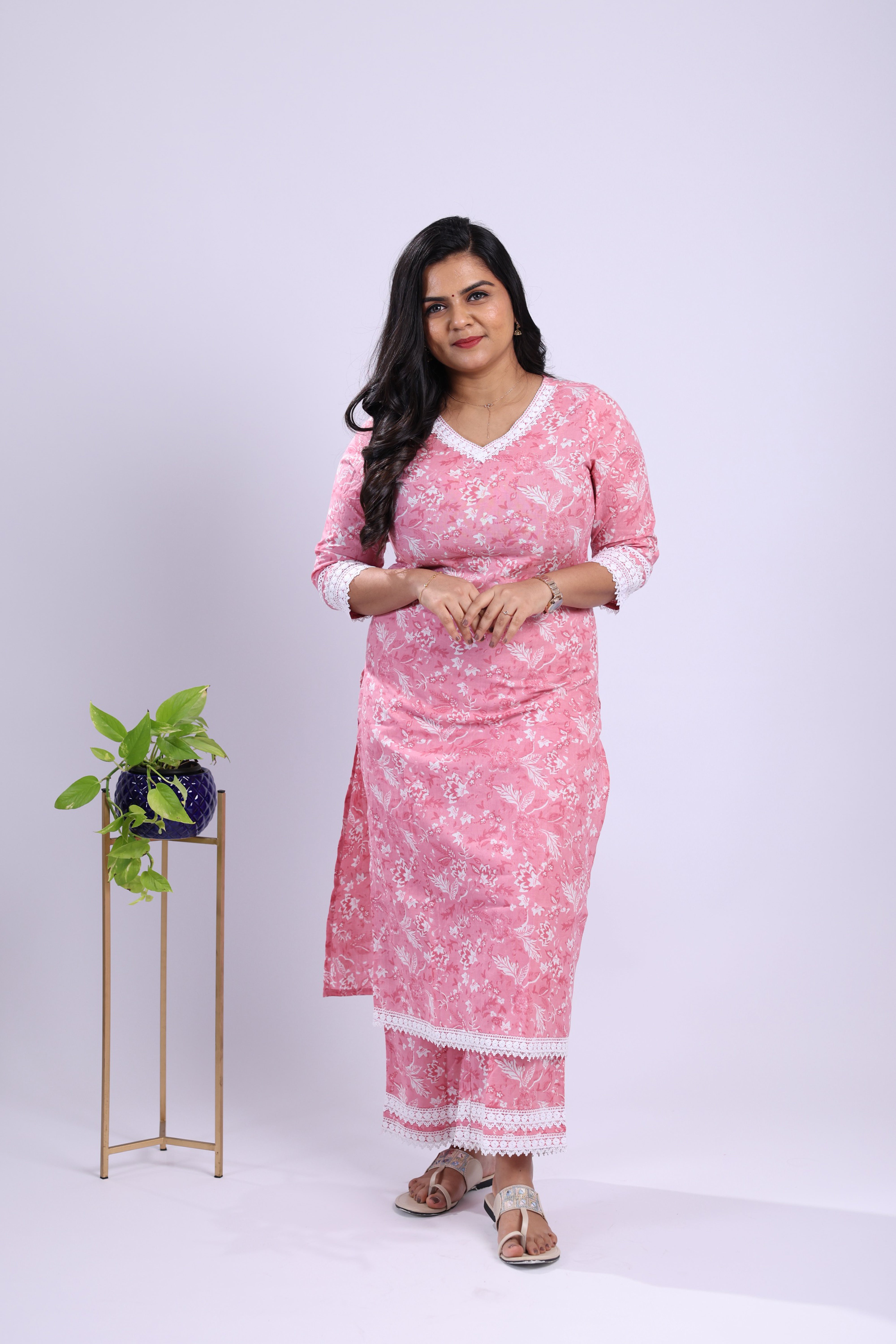 TWKS108 - Pink Floral Cotton Kurta Set with Pants