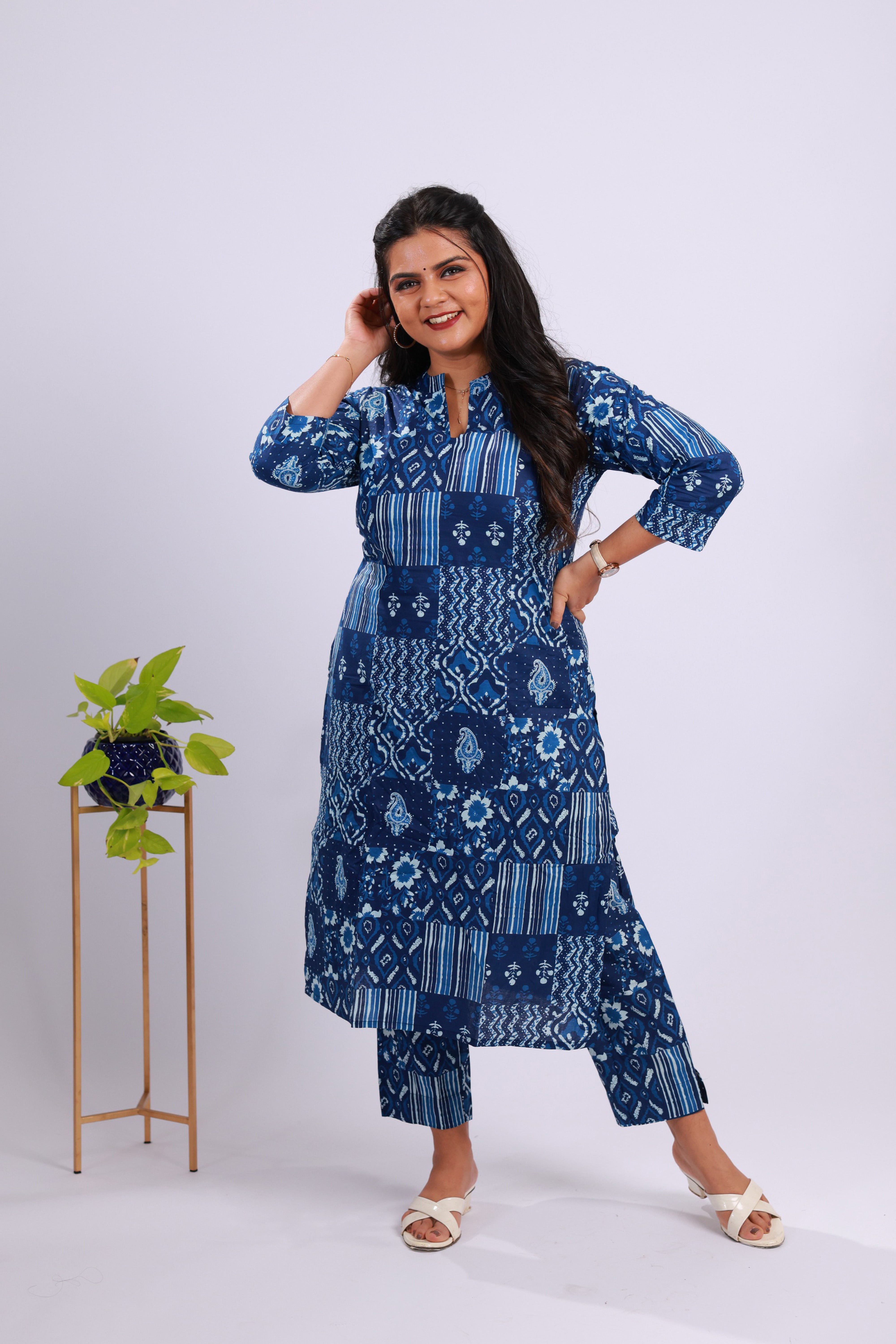 TWKS110 - Indigo Patch Print Cotton Kurta Set