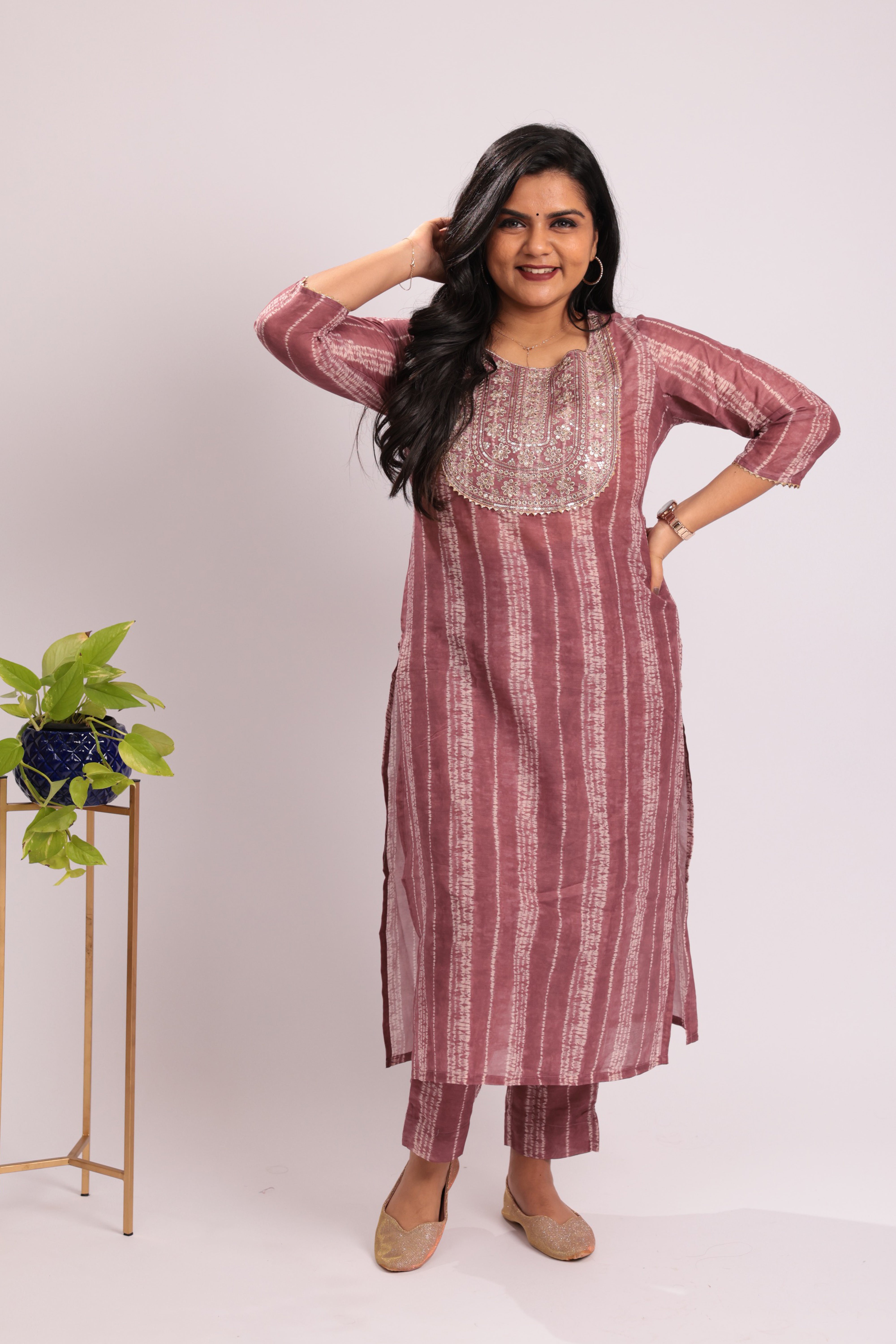 TWKS101 - Wine Stripe Embroidered Silk Blend Kurta Set