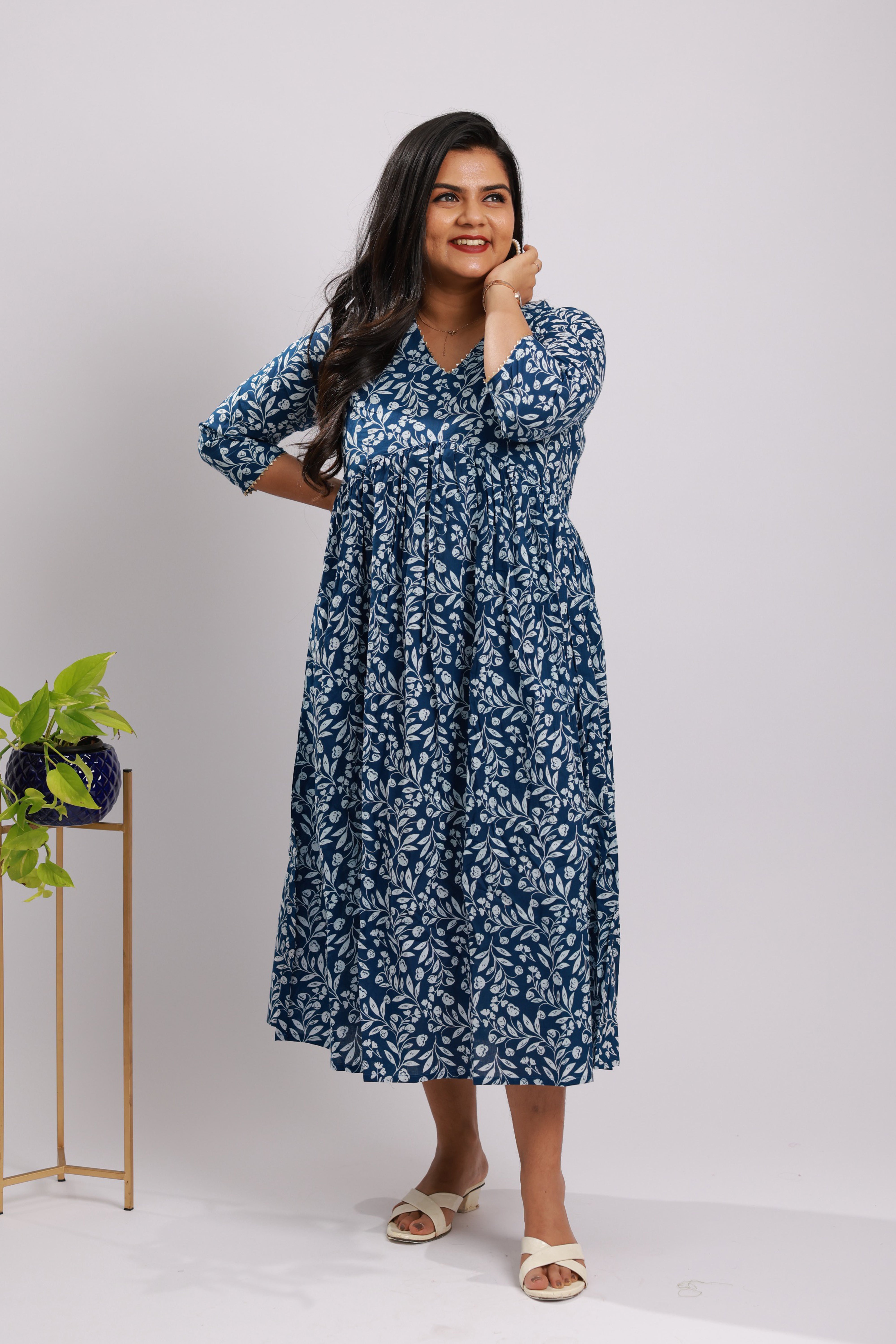 TWK106 - Indigo Leaf Print Cotton A-Line Kurti