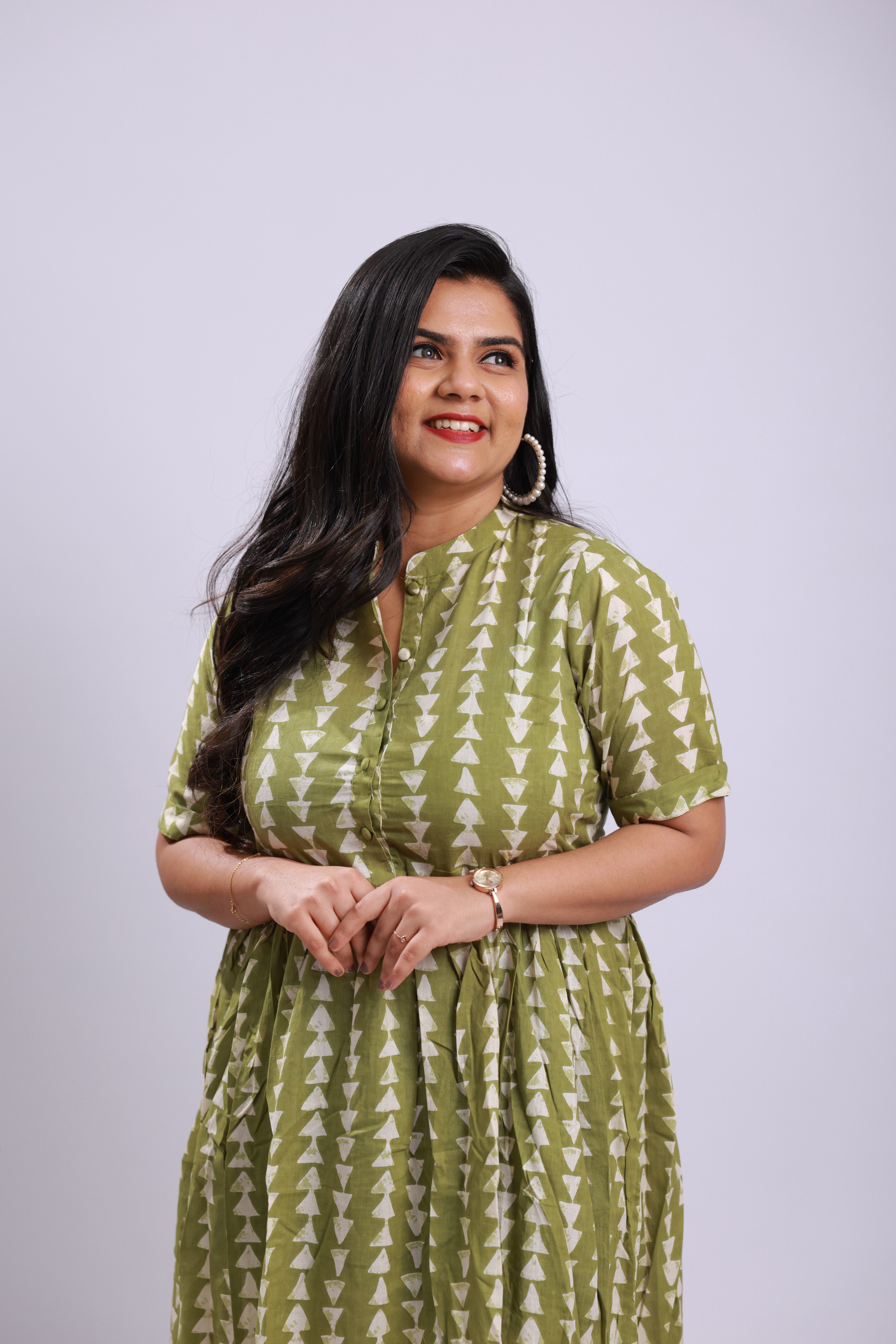 TWM013 - Olive Green Printed Cotton Maternity Dress