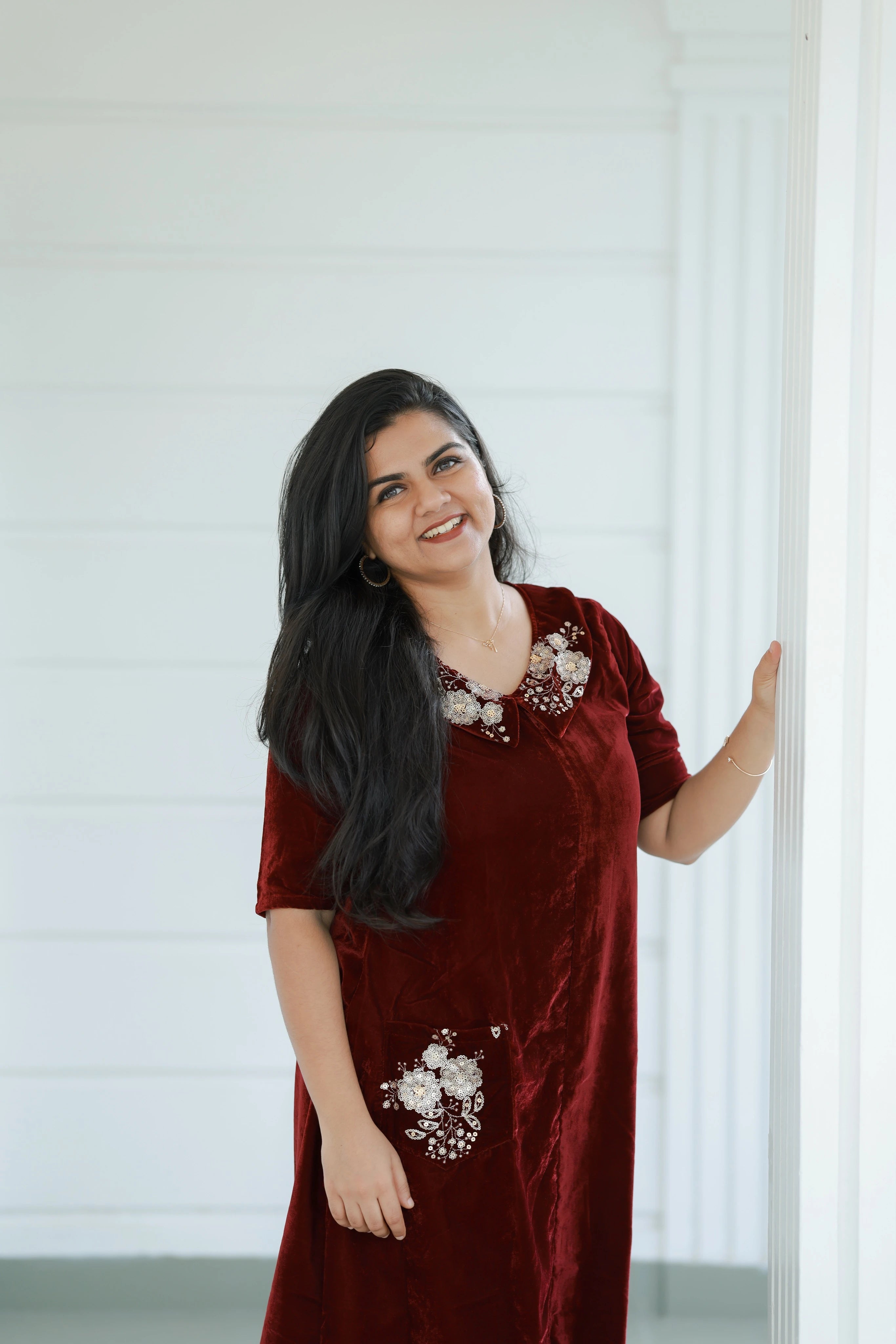 Ruby Velvet Embroidered Midi Dress