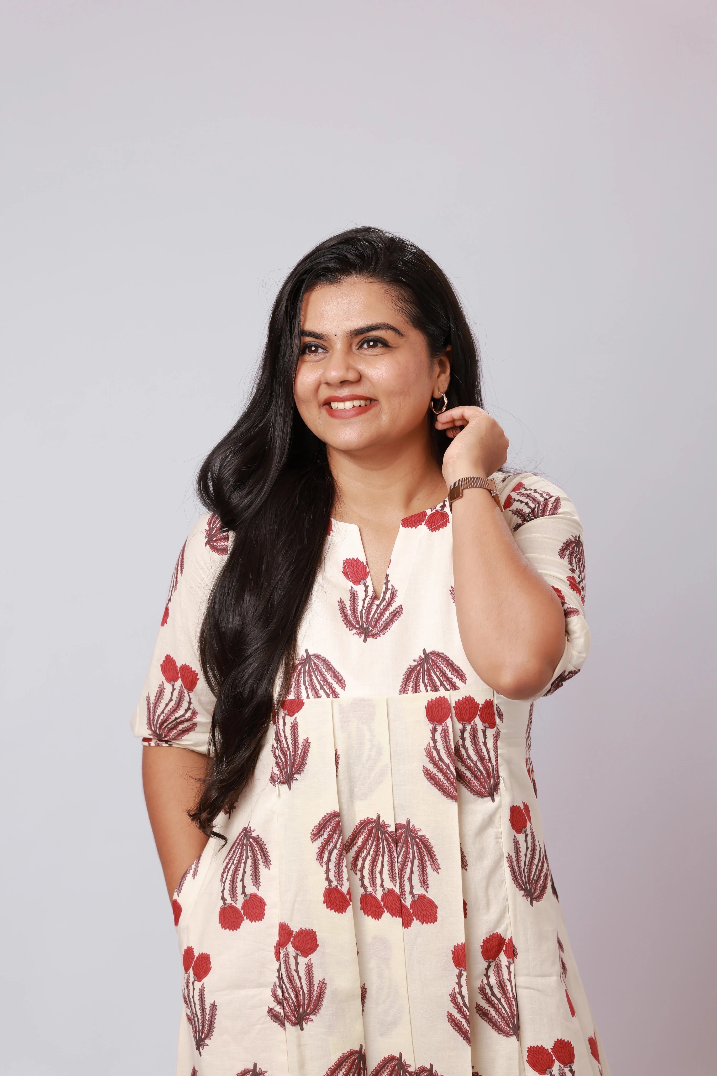 TF26106 -Ivory Blossom Printed A-Line Dress – Tanika Weaves