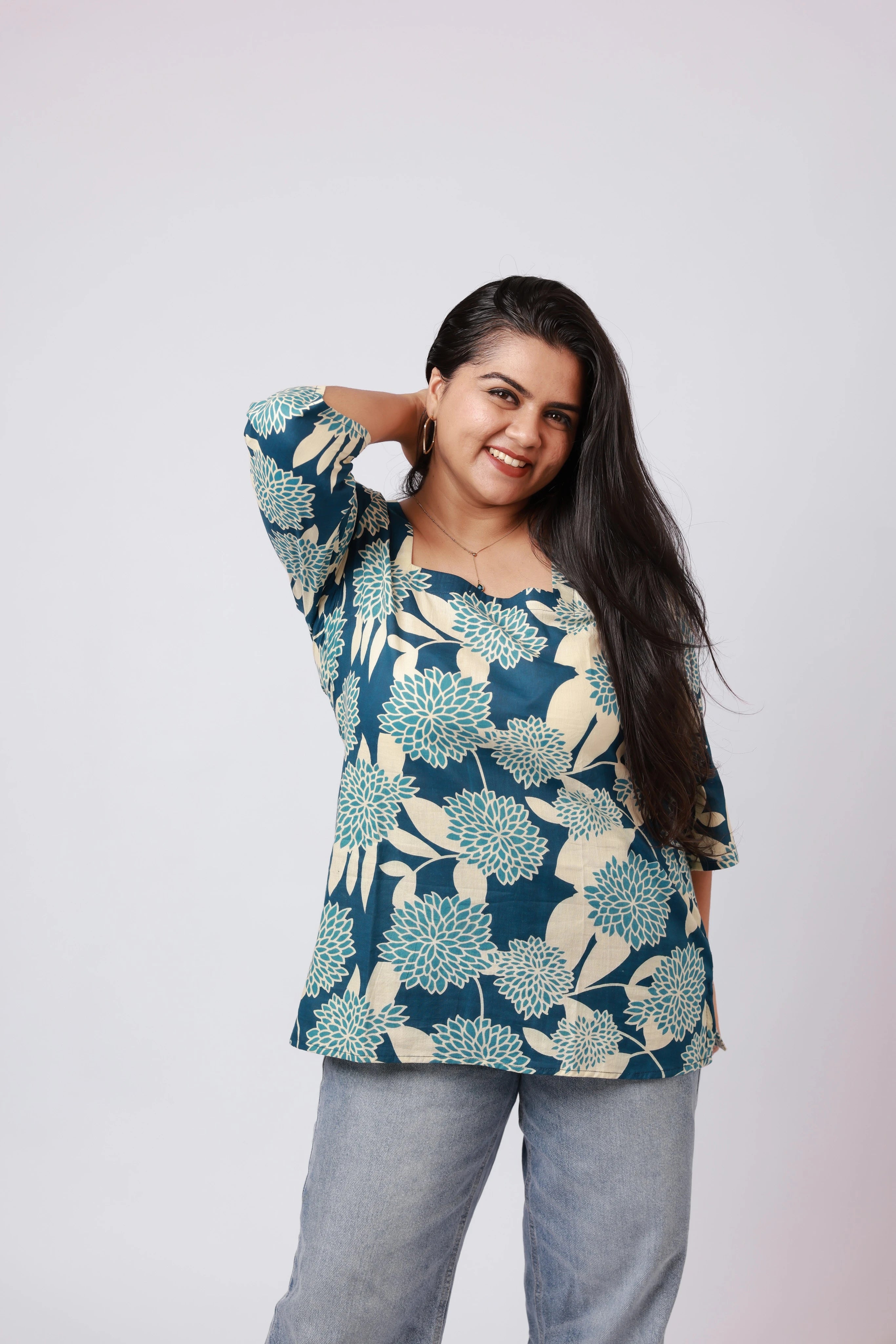 Ocean Bloom Cotton Short Kurti