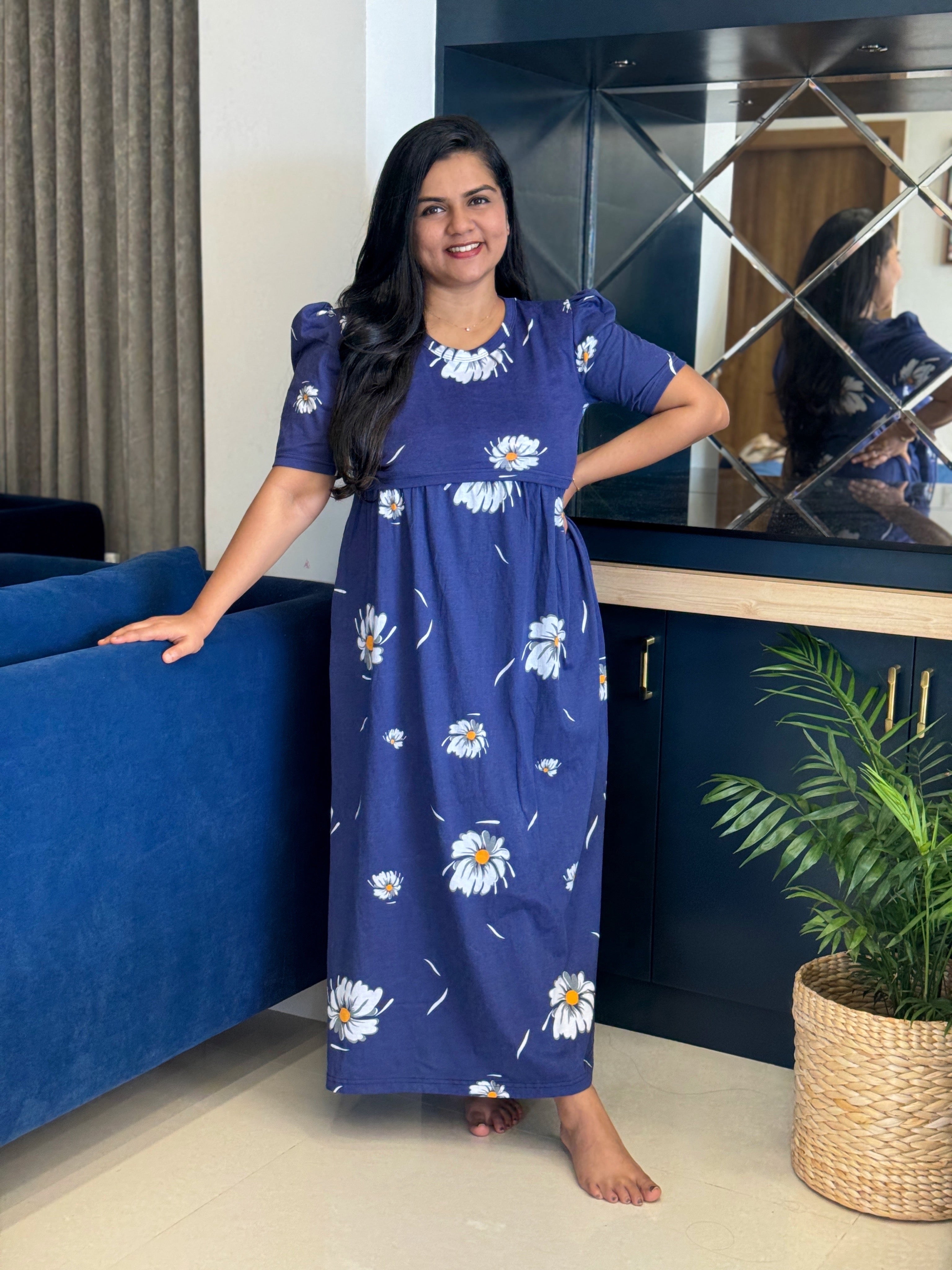 TWMZLF-1012 - Feeding Maternity Wear - White Floral On Blue (Puffed Sleeve)