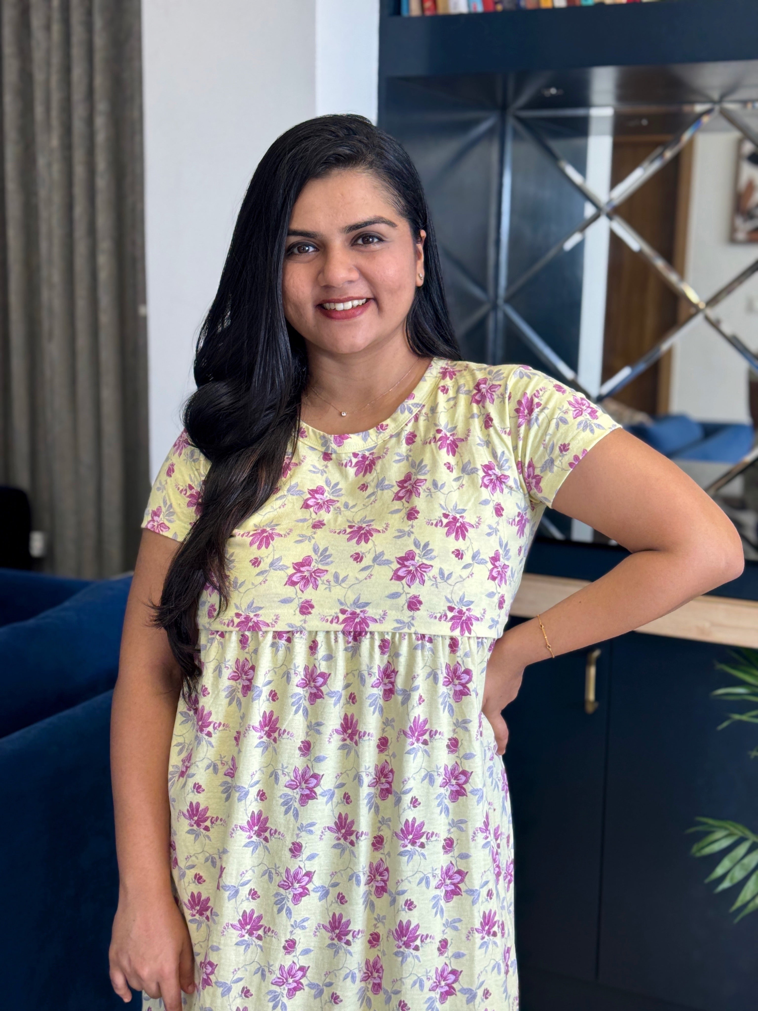 TWMZLF1013 - Feeding Maternity Lounge Wear - Pink Floral On Yellow