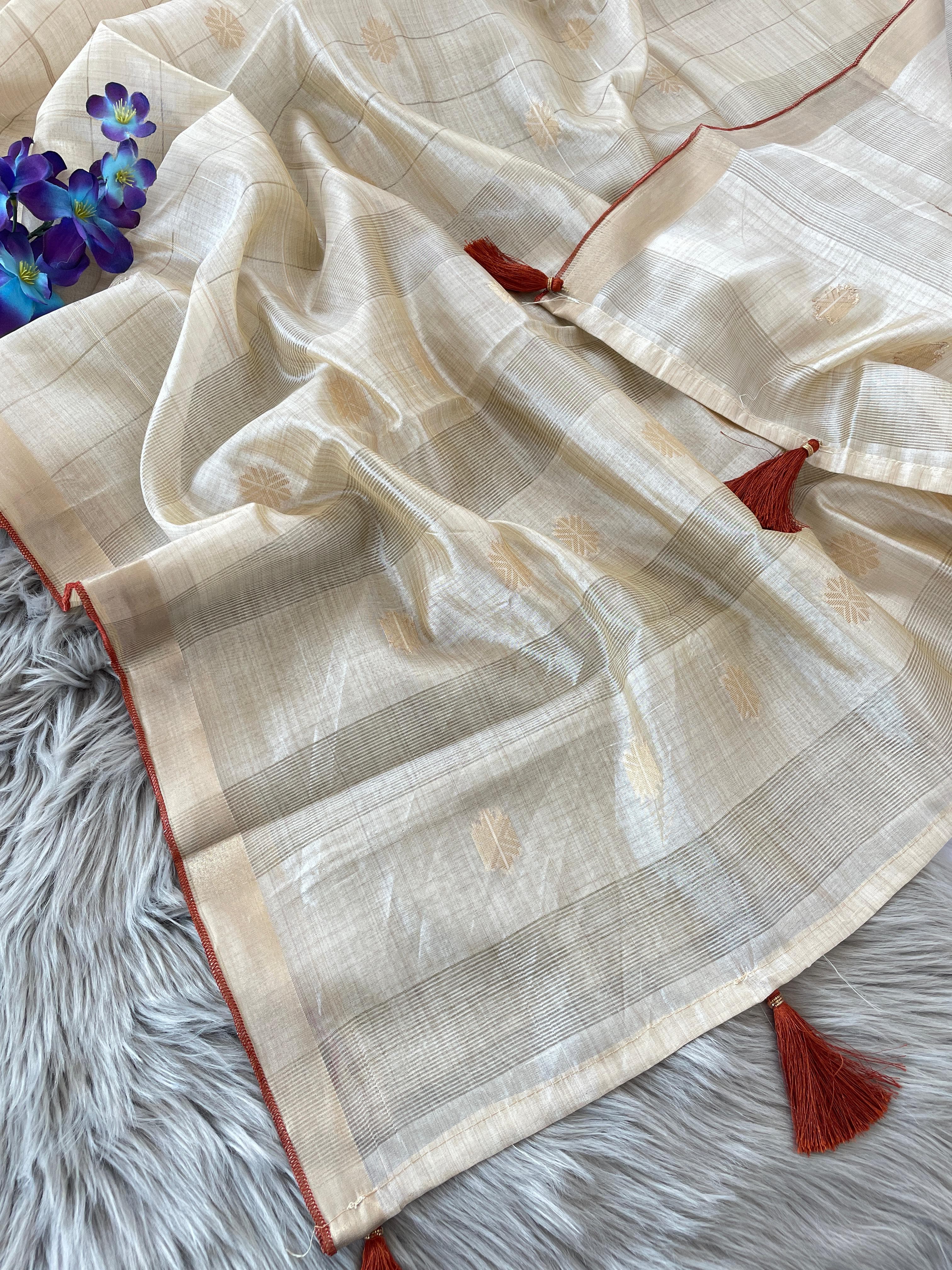 TWKS201 - Kerala Cotton Tussar Silk Saree with Golden Zari