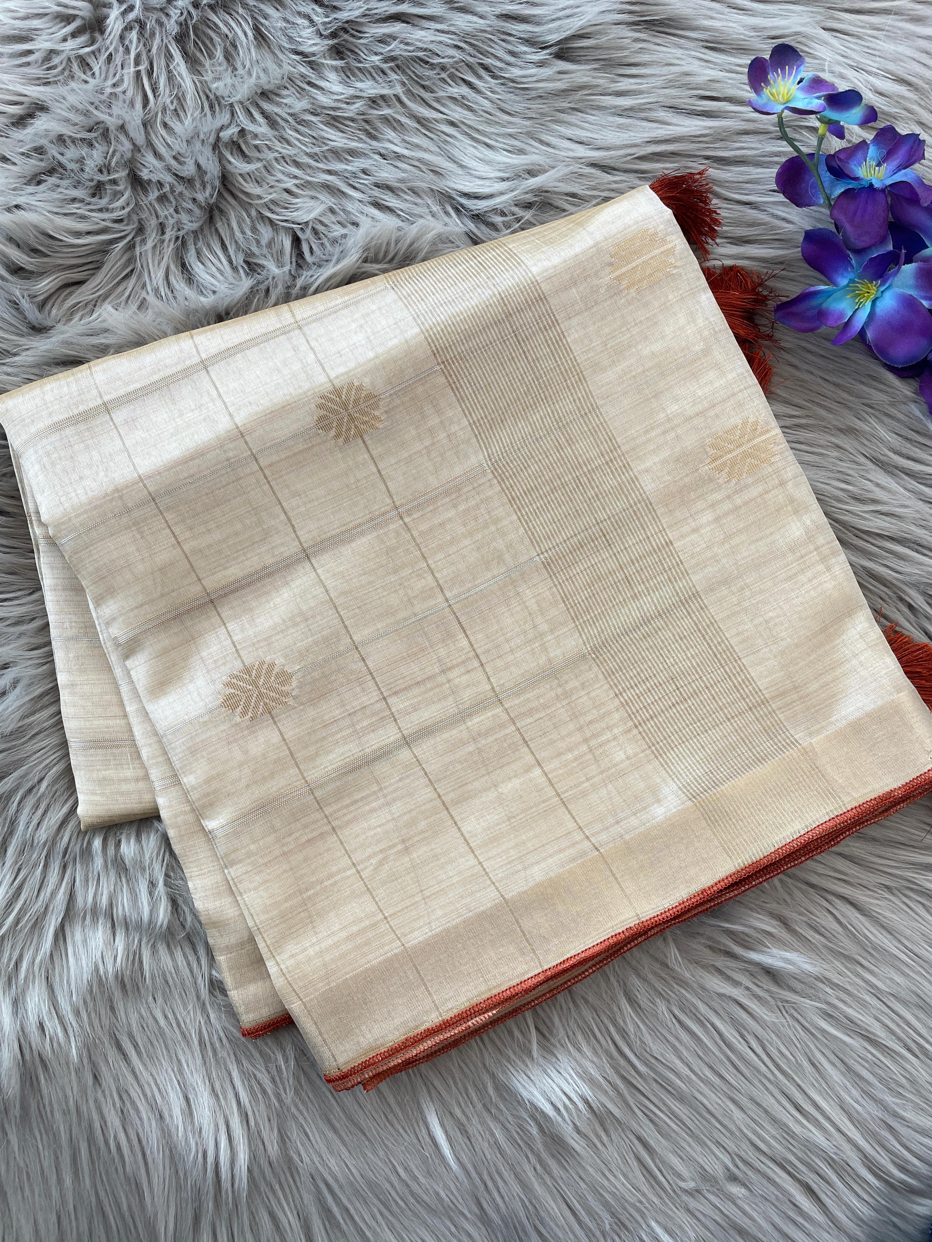 TWKS201 - Kerala Cotton Tussar Silk Saree with Golden Zari