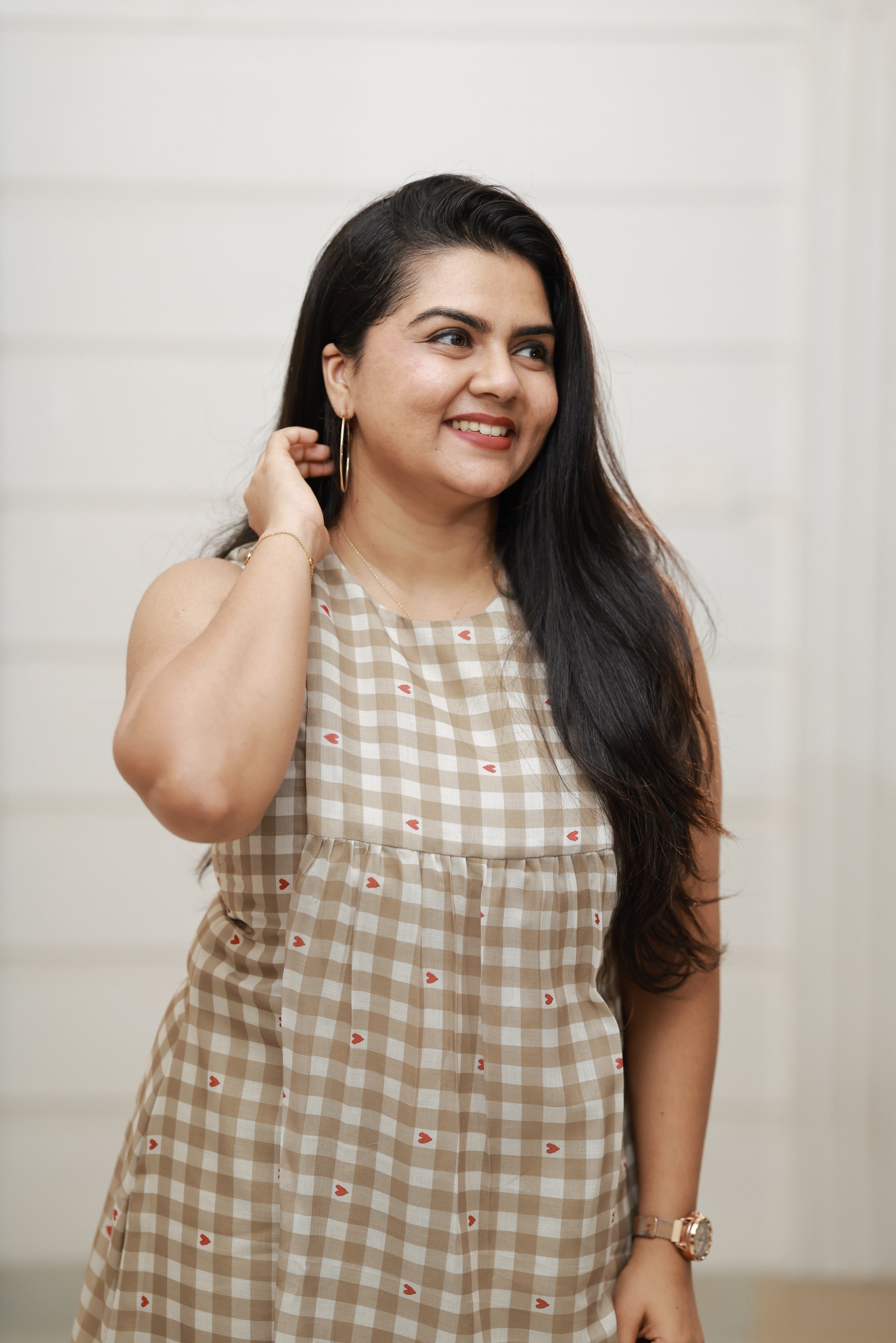 TWF1002 - Hearts on Beige Checks Feeding Dress