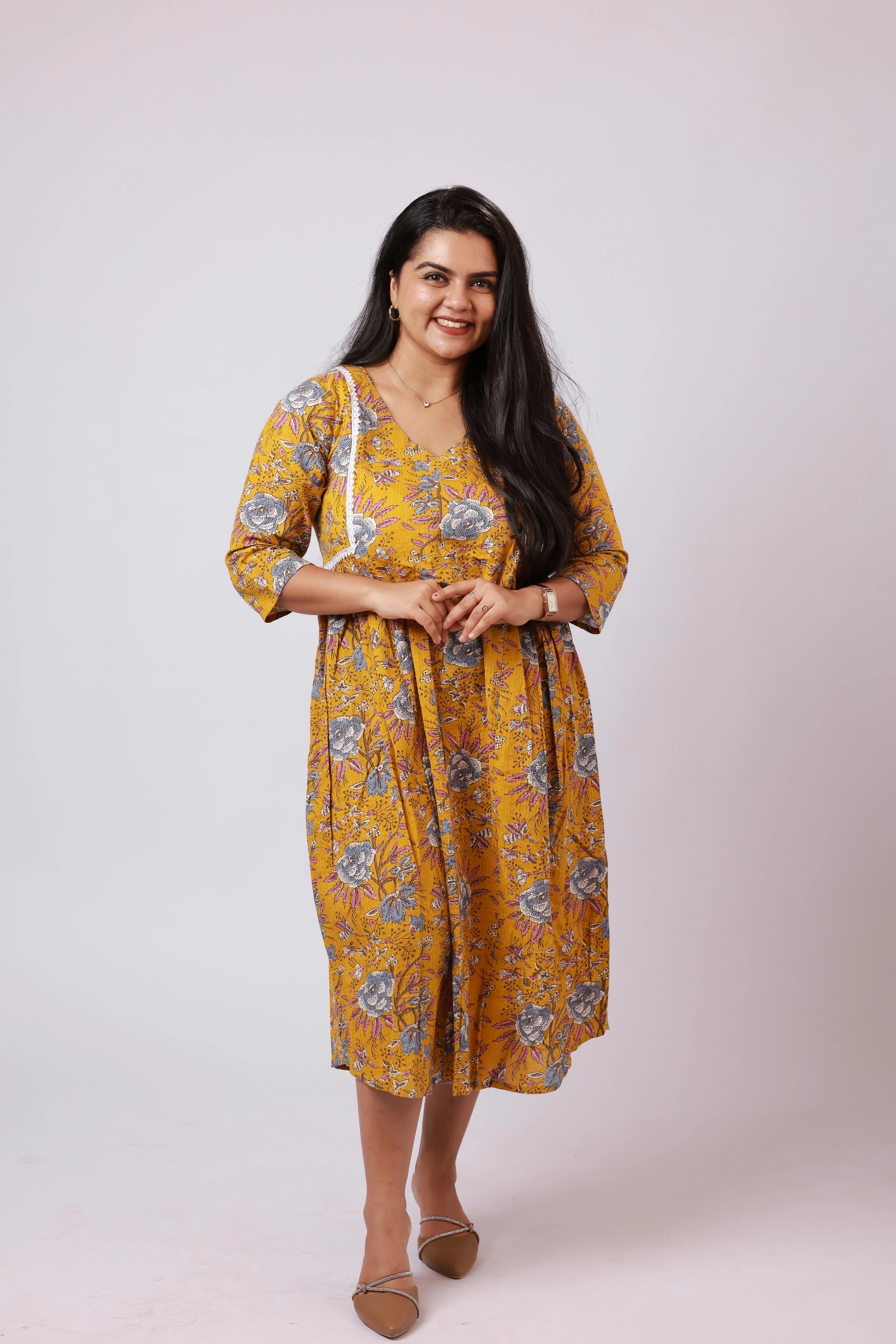 TF26107 - Mustard Bloom Flared Cotton Dress