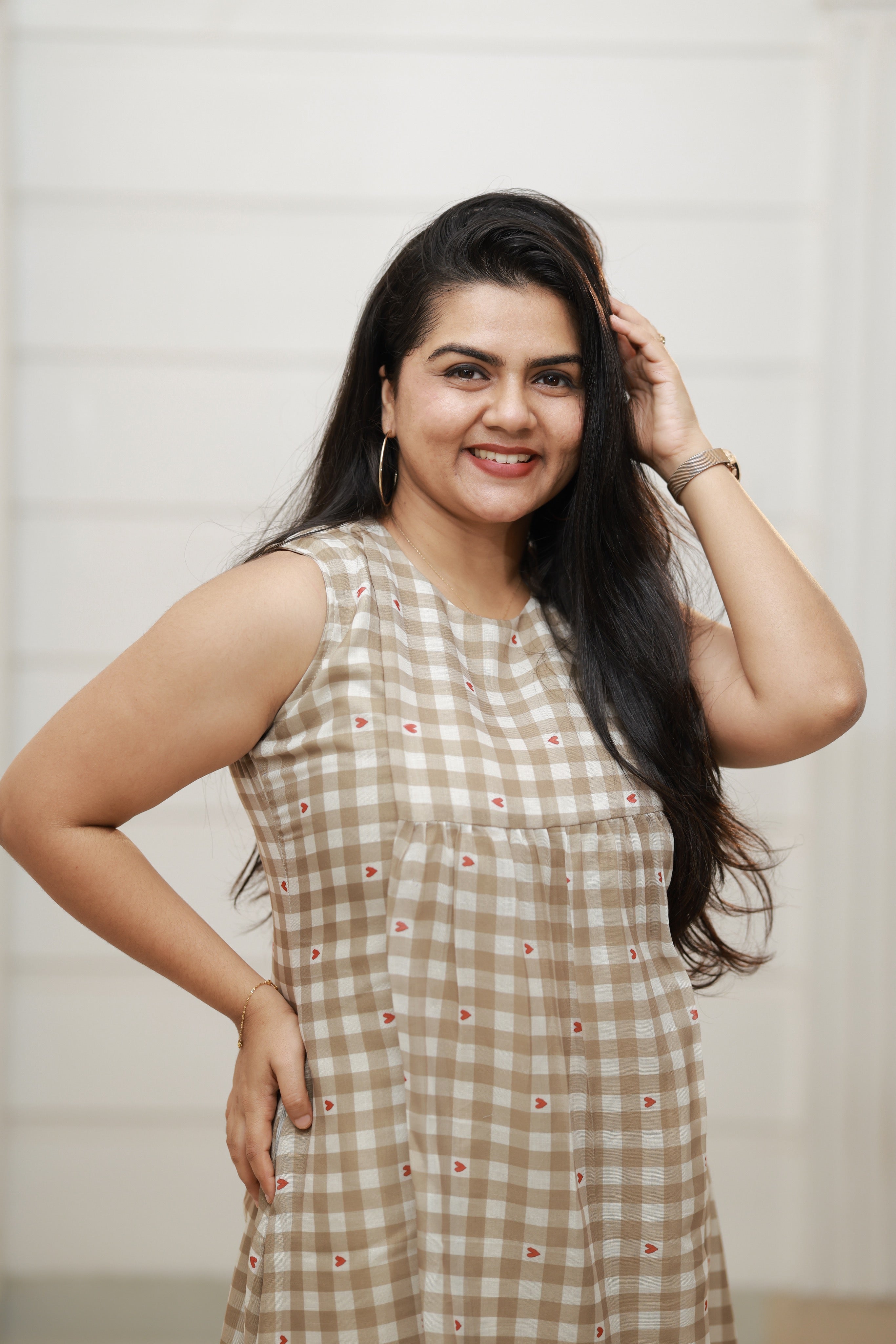 TWF1002 - Hearts on Beige Checks Feeding Dress