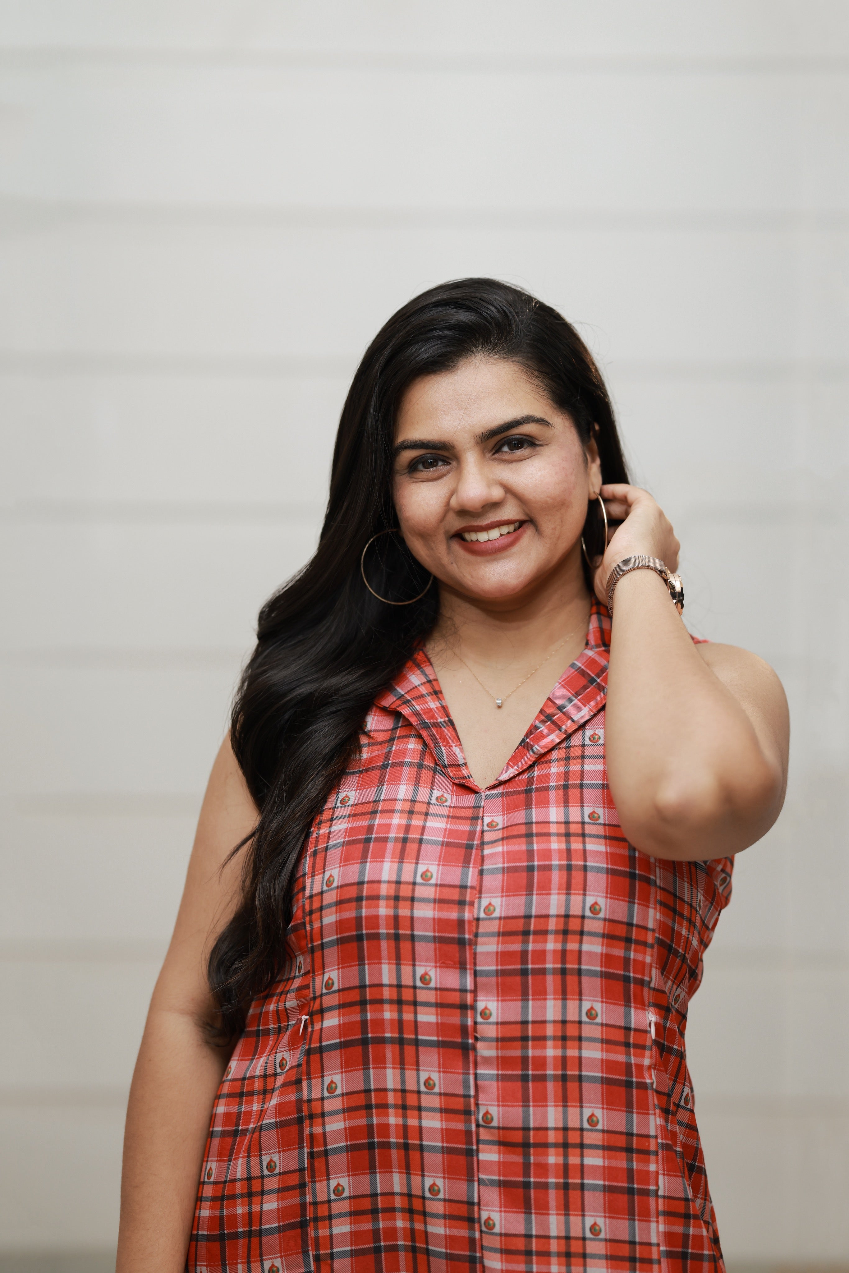 TWF1003 - Red Checks Maternity & Nursing Shirt Dress