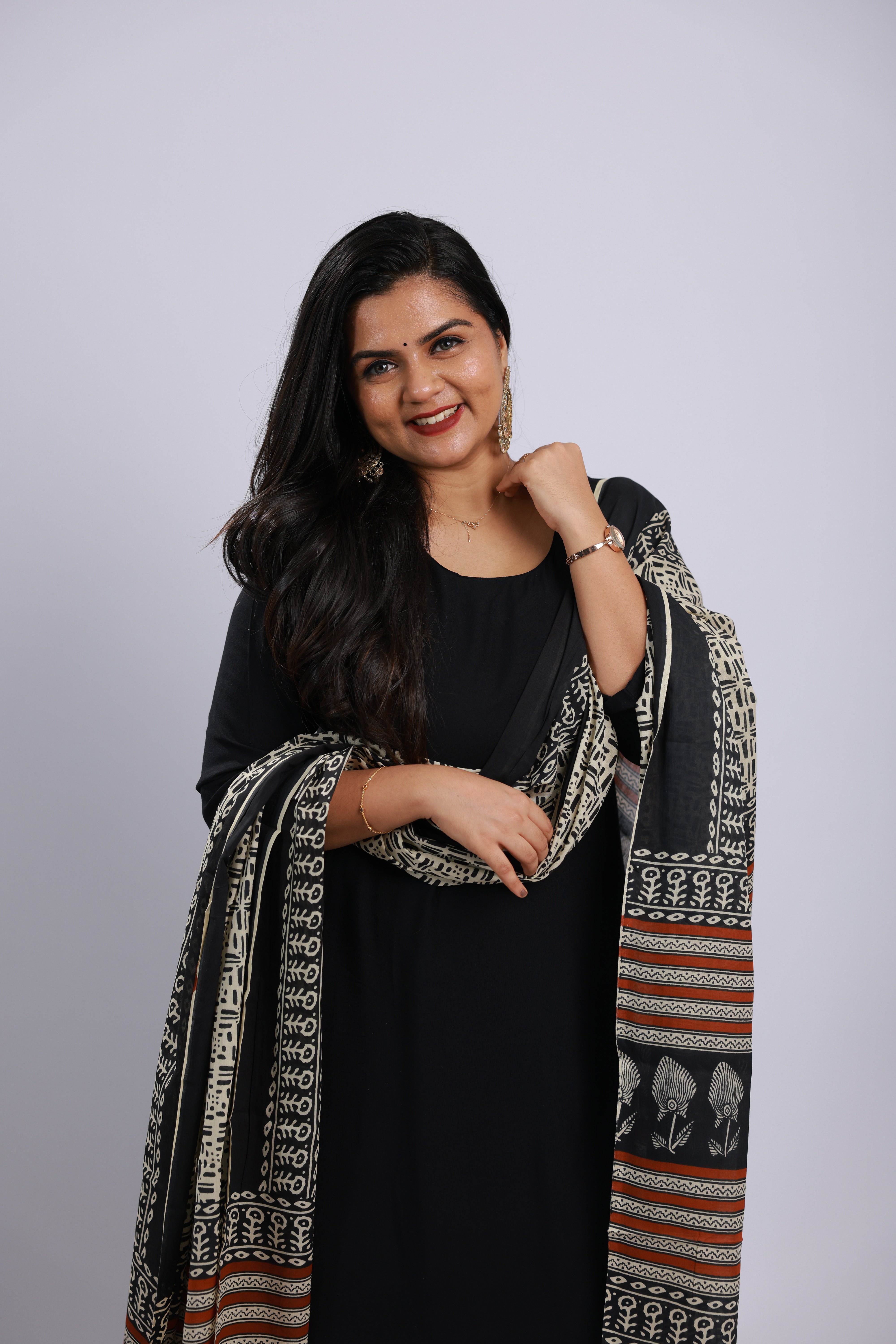 TW1S102 - Black Rayon Kurta Set with Kalamkari Dupatta