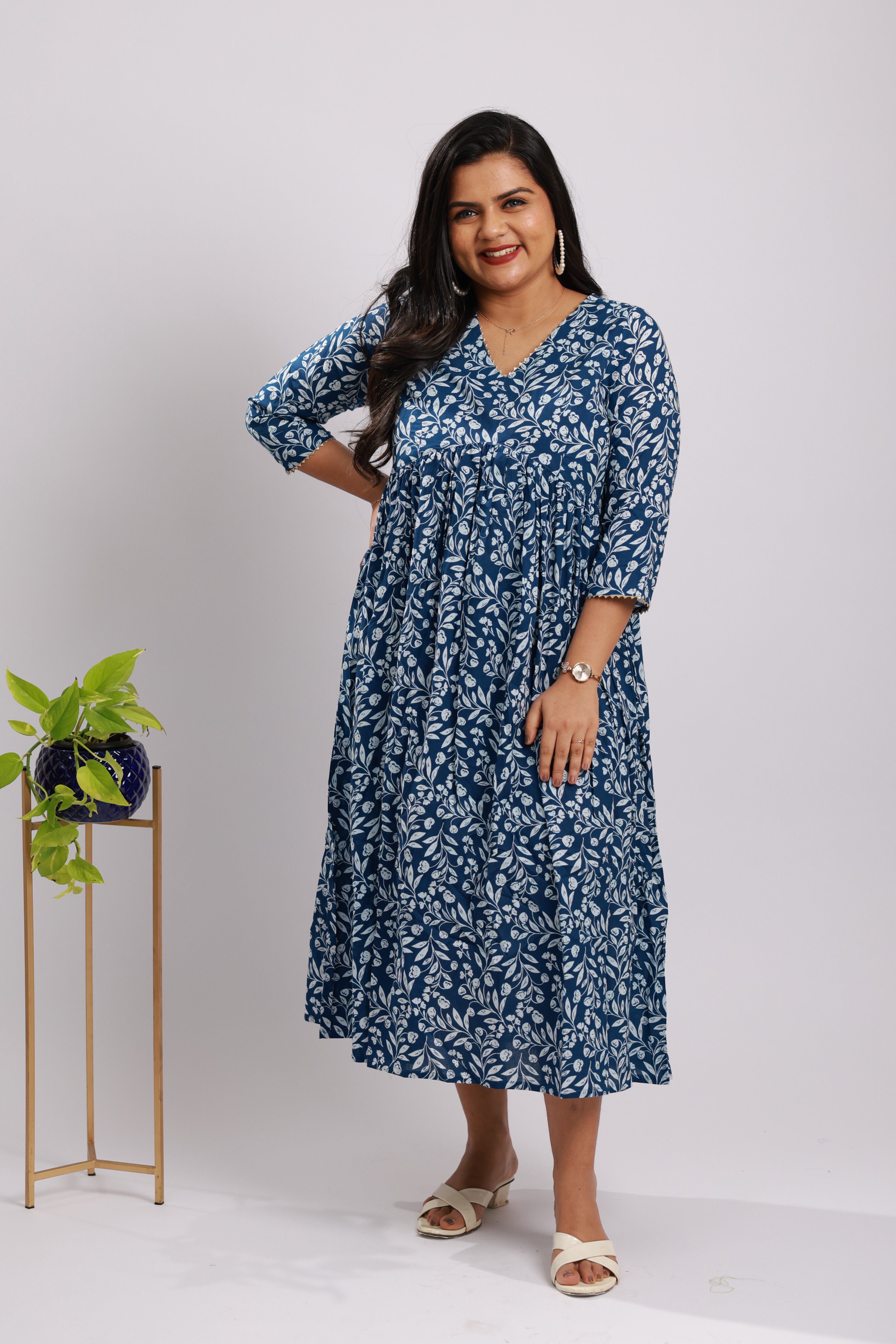 TWK106 - Indigo Leaf Print Cotton A-Line Kurti