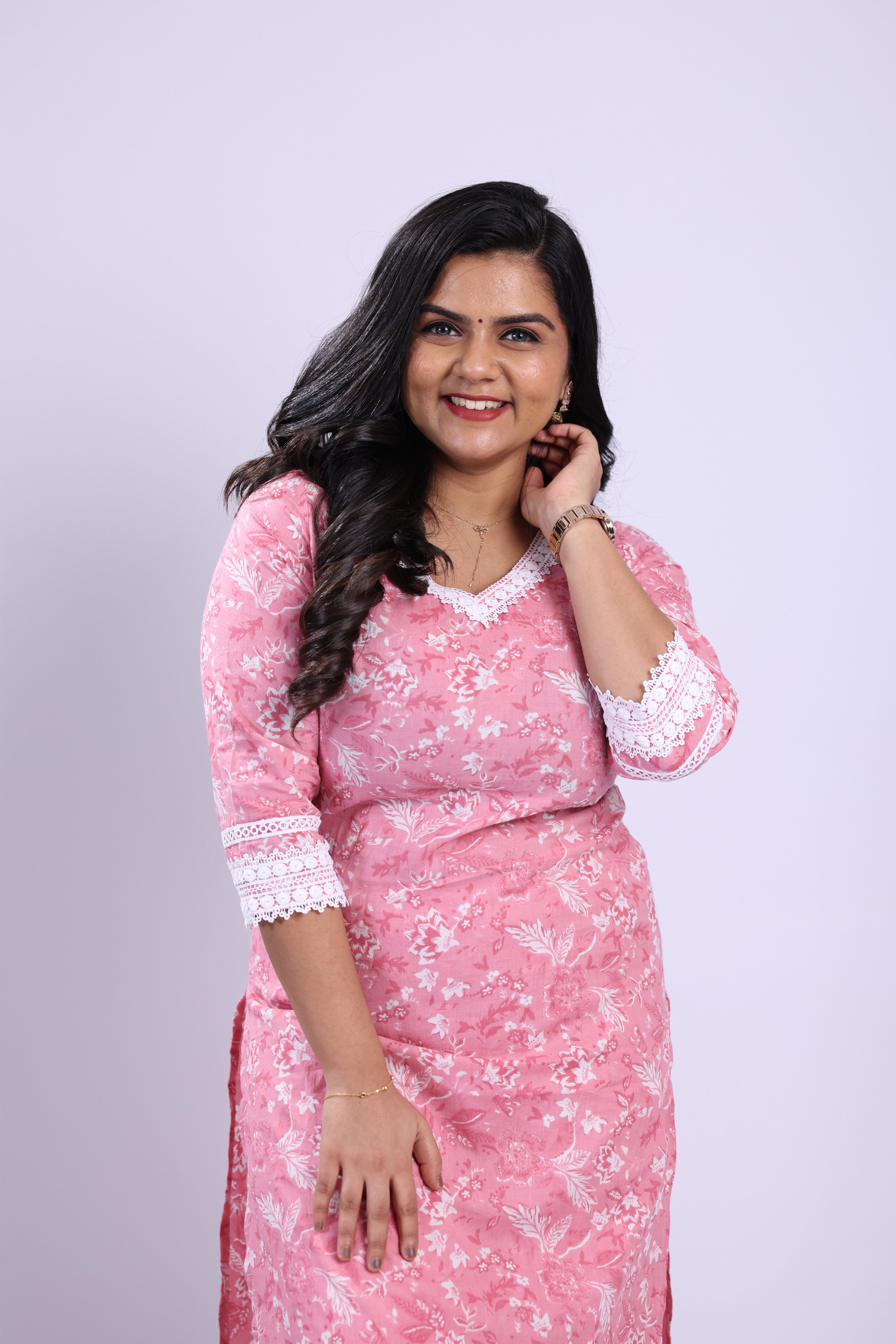 TWKS108 - Pink Floral Cotton Kurta Set with Pants