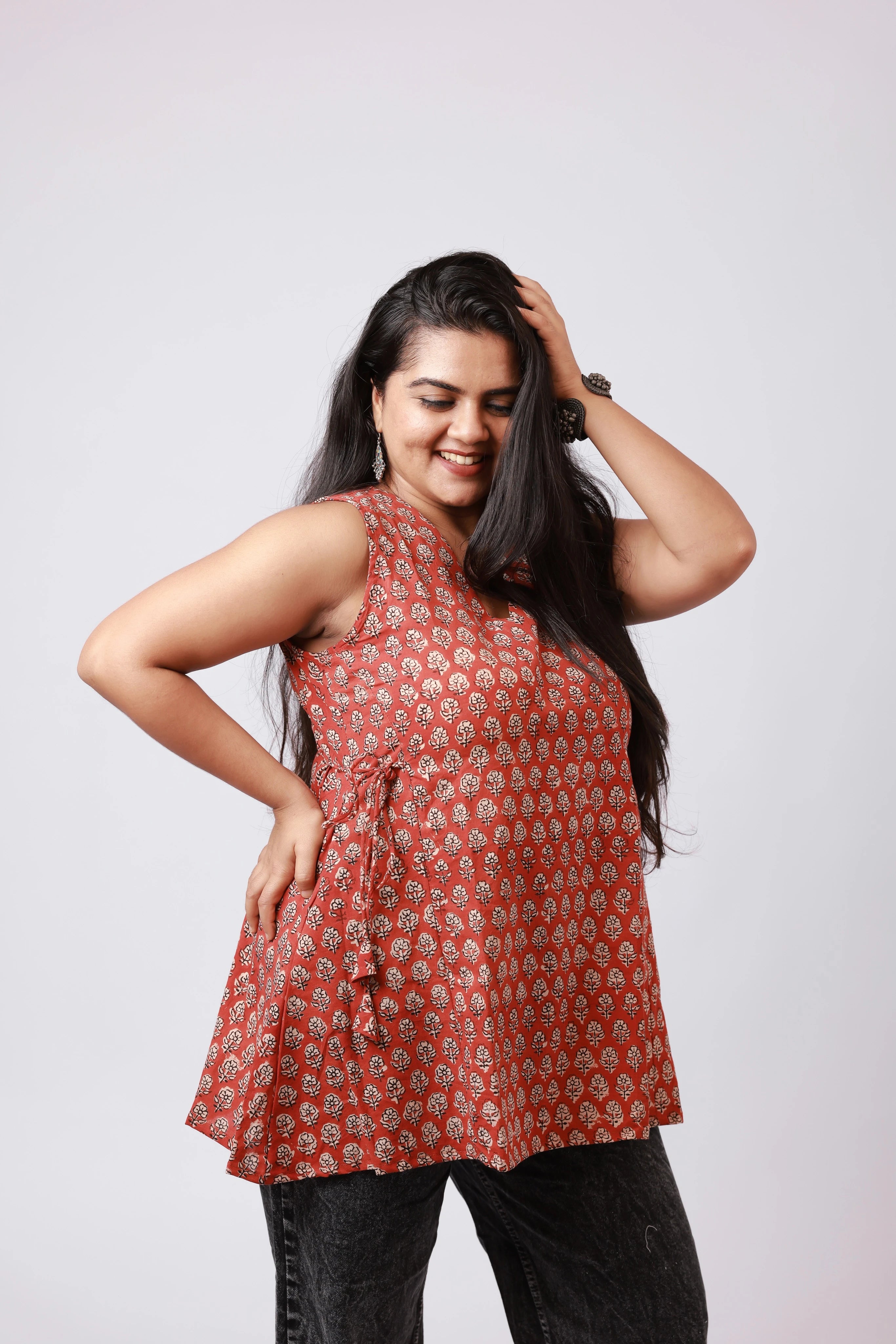 Terracotta Bloom Hand Block Short Kurti