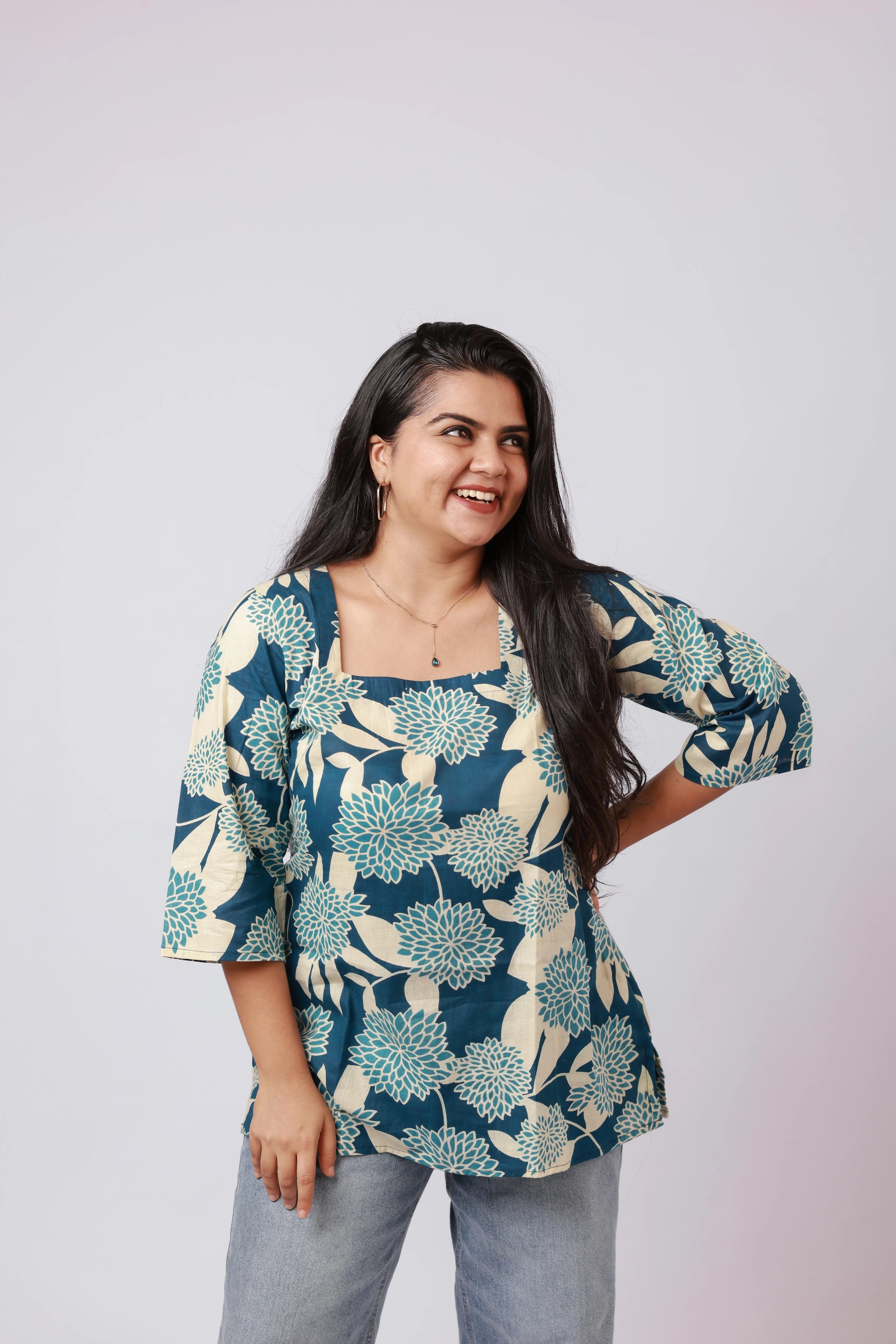 Ocean Bloom Cotton Short Kurti
