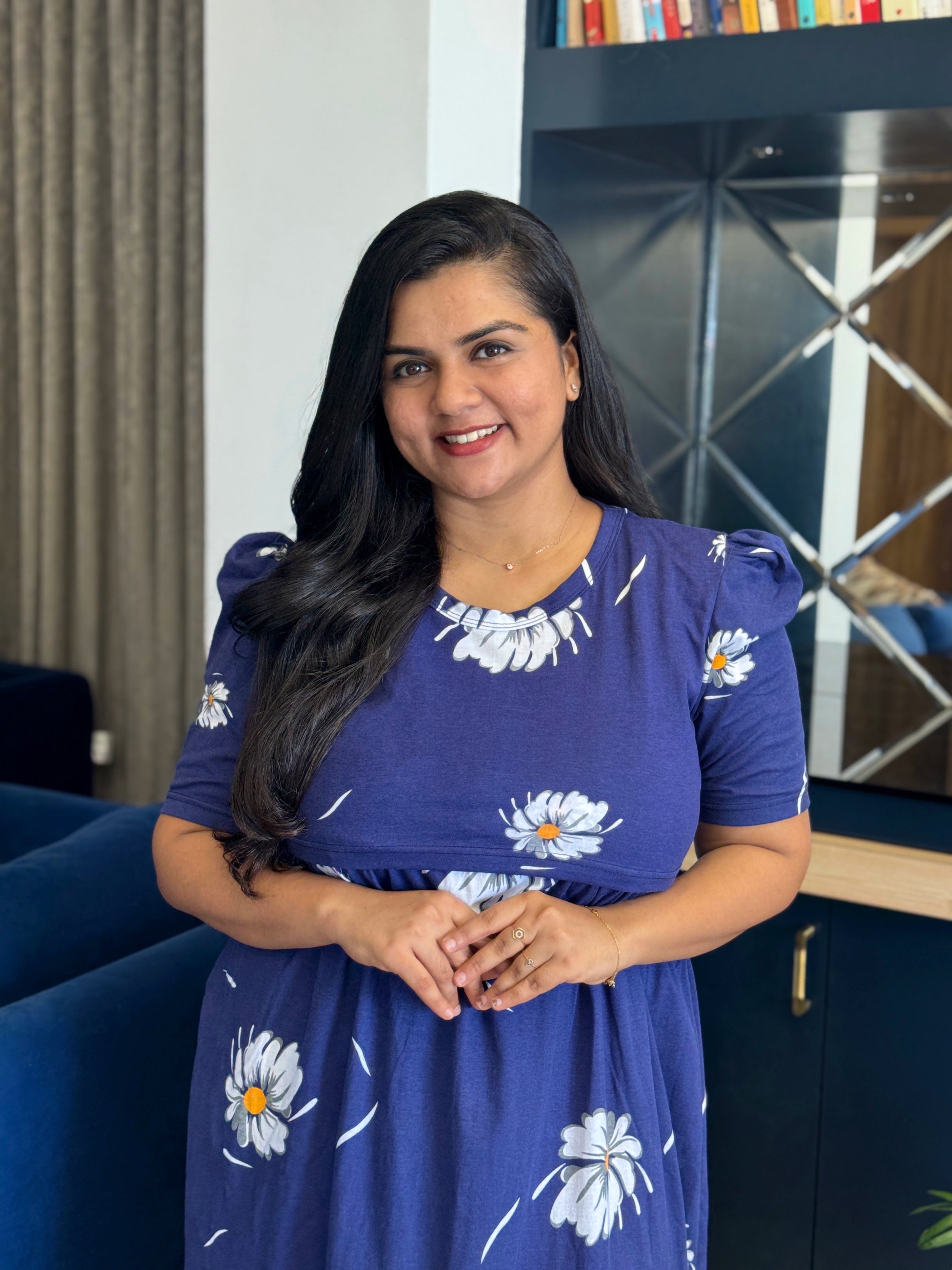 TWMZLF-1012 - Feeding Maternity Wear - White Floral On Blue (Puffed Sleeve)