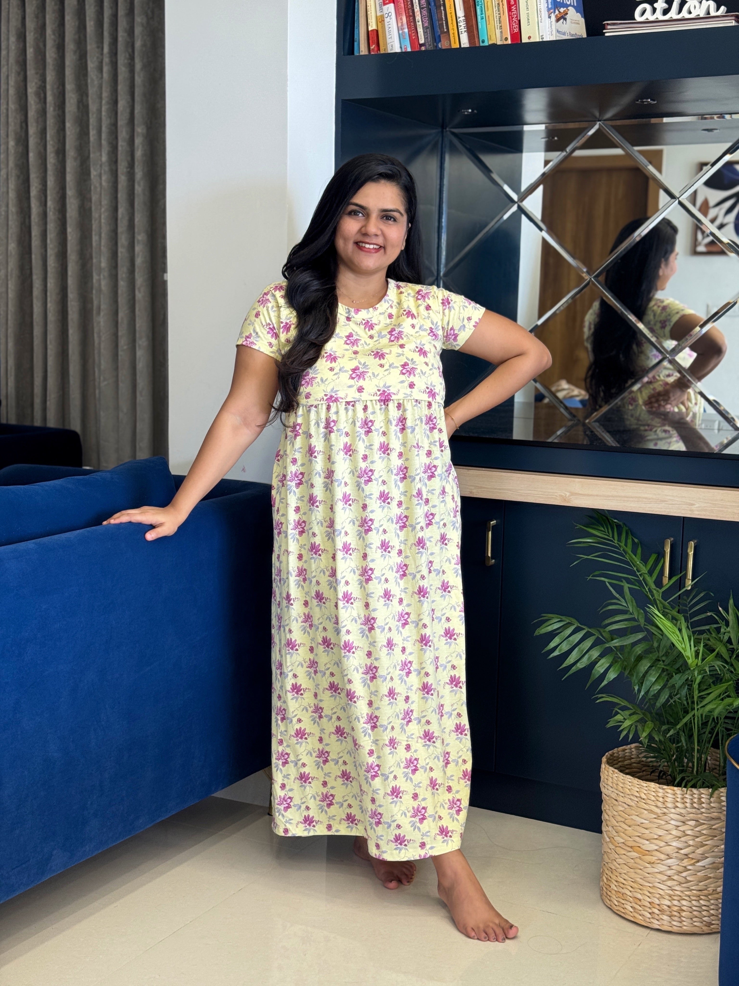 TWMZLF1013 - Feeding Maternity Lounge Wear - Pink Floral On Yellow